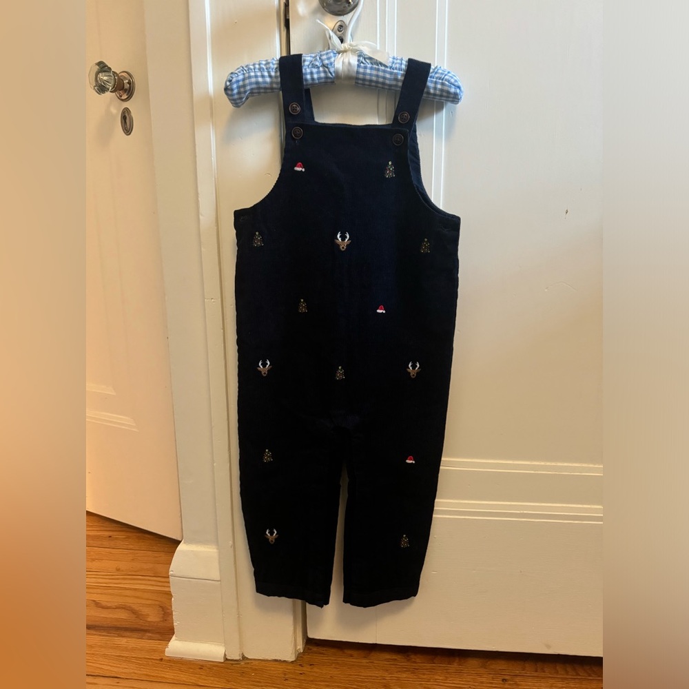 Janie and Jack navy Courderoy Christmas embroidered overalls NWT